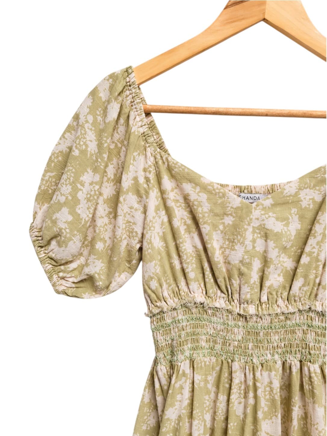GHANDA Womens Floral Mini Dress XS Sage Green Cotton Puff Sleeve Smocked Waist — photo 1 of 8