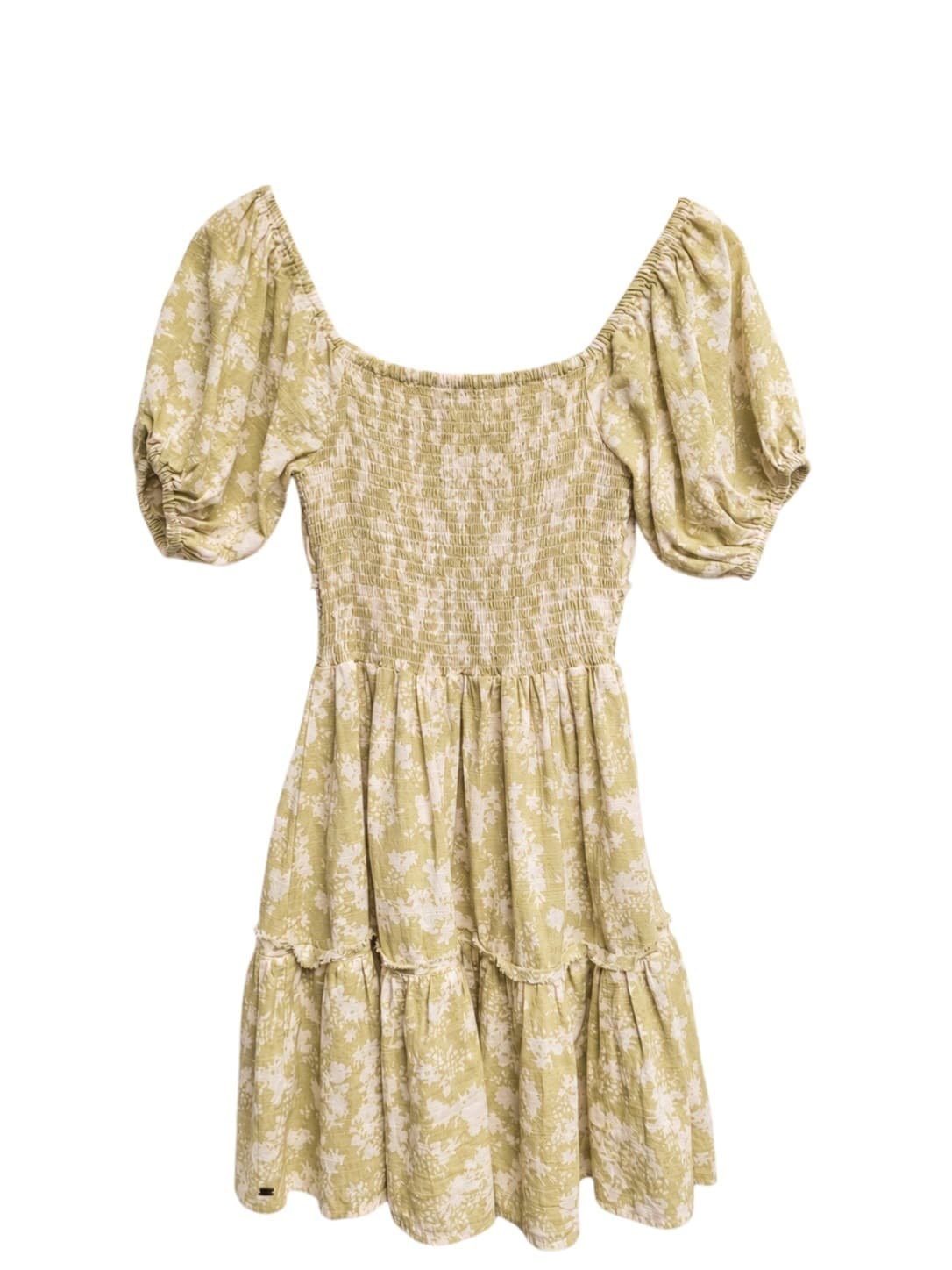 GHANDA Womens Floral Mini Dress XS Sage Green Cotton Puff Sleeve Smocked Waist — photo 5 of 8