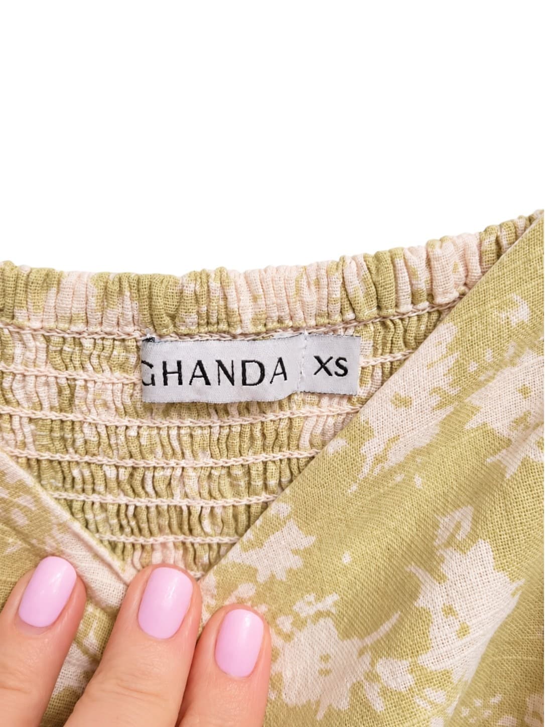 GHANDA Womens Floral Mini Dress XS Sage Green Cotton Puff Sleeve Smocked Waist — photo 6 of 8