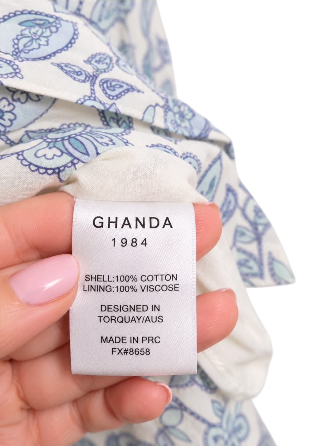 GHANDA Womens Mini Dress Size M Blue White Paisley Floral Cotton Tie Front — photo 8 of 9