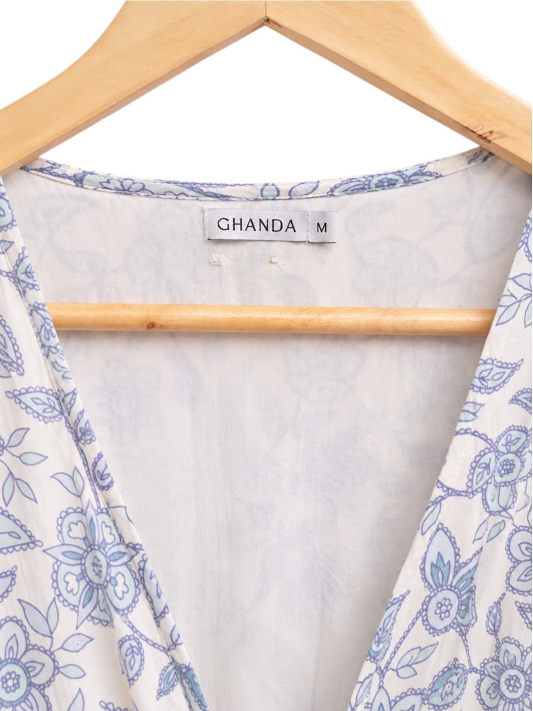 GHANDA Womens Mini Dress Size M Blue White Paisley Floral Cotton Tie Front — photo 7 of 9