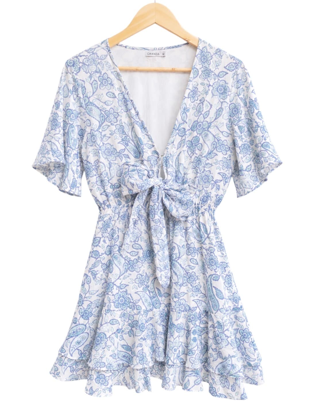 GHANDA Womens Mini Dress Size M Blue White Paisley Floral Cotton Tie Front — photo 2 of 9