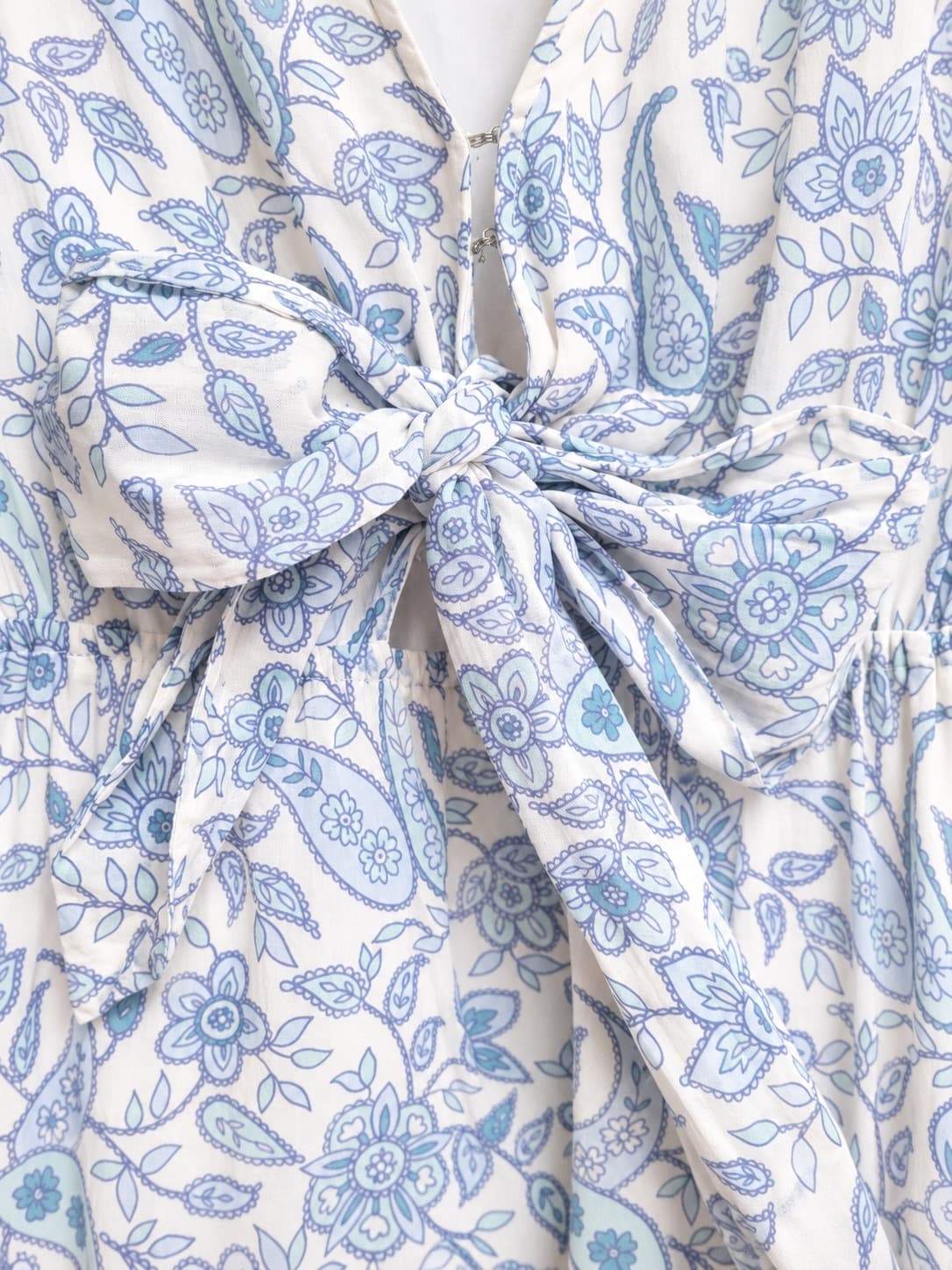GHANDA Womens Mini Dress Size M Blue White Paisley Floral Cotton Tie Front — photo 4 of 9