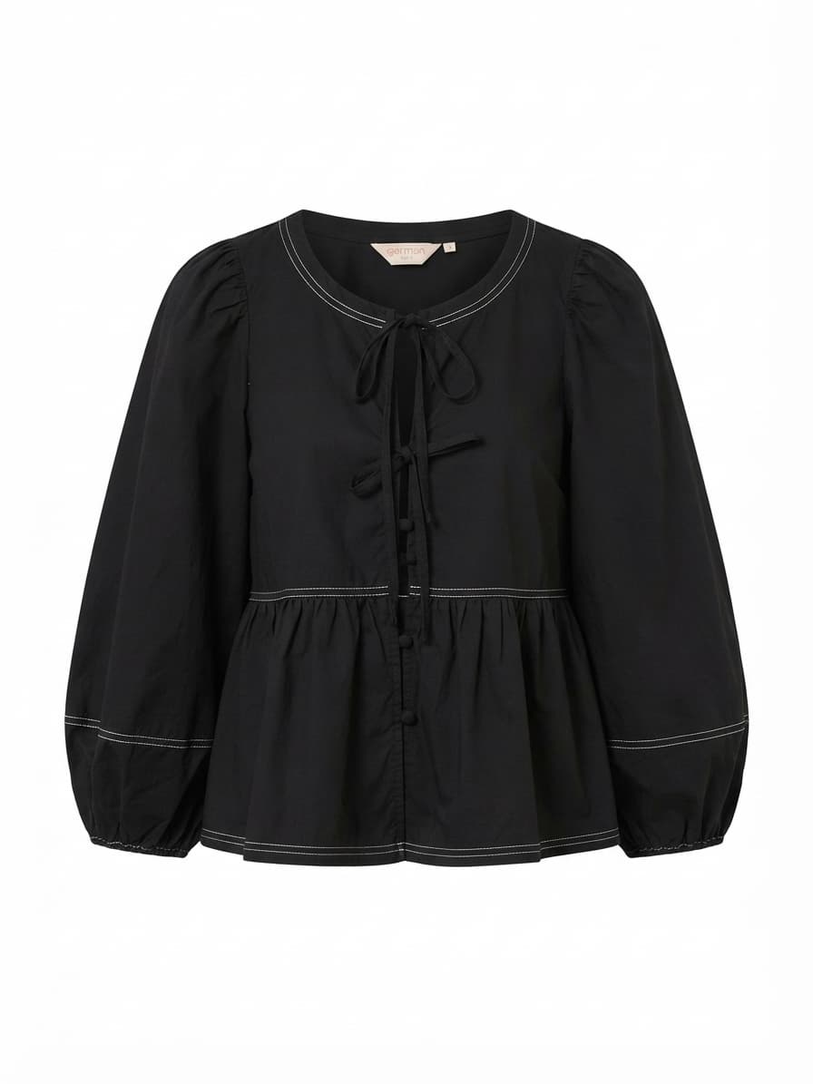 GORMAN Black Contrast Stitch Tie Front Peplum Blouse Organic Cotton Size 6 — photo 1 of 6