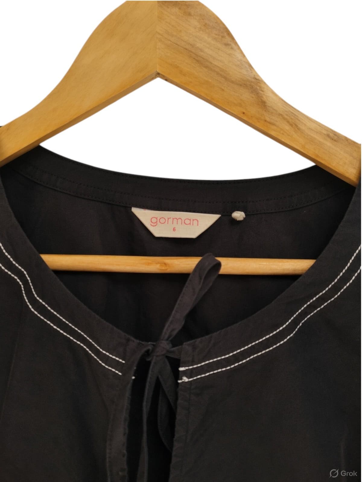 GORMAN Black Contrast Stitch Tie Front Peplum Blouse Organic Cotton Size 6 — photo 4 of 6