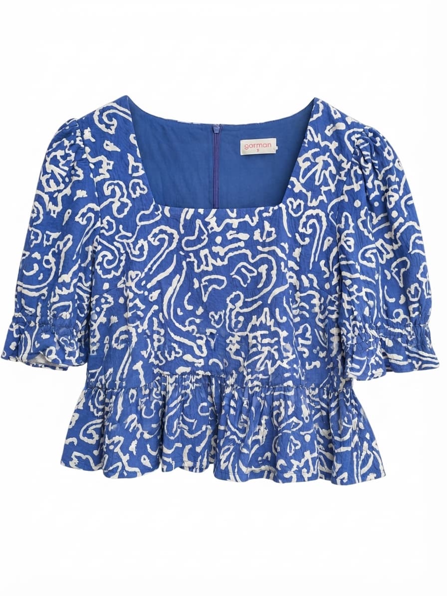 GORMAN Blue White Abstract Print Square Neck Peplum Top Size 8 — photo 1 of 6
