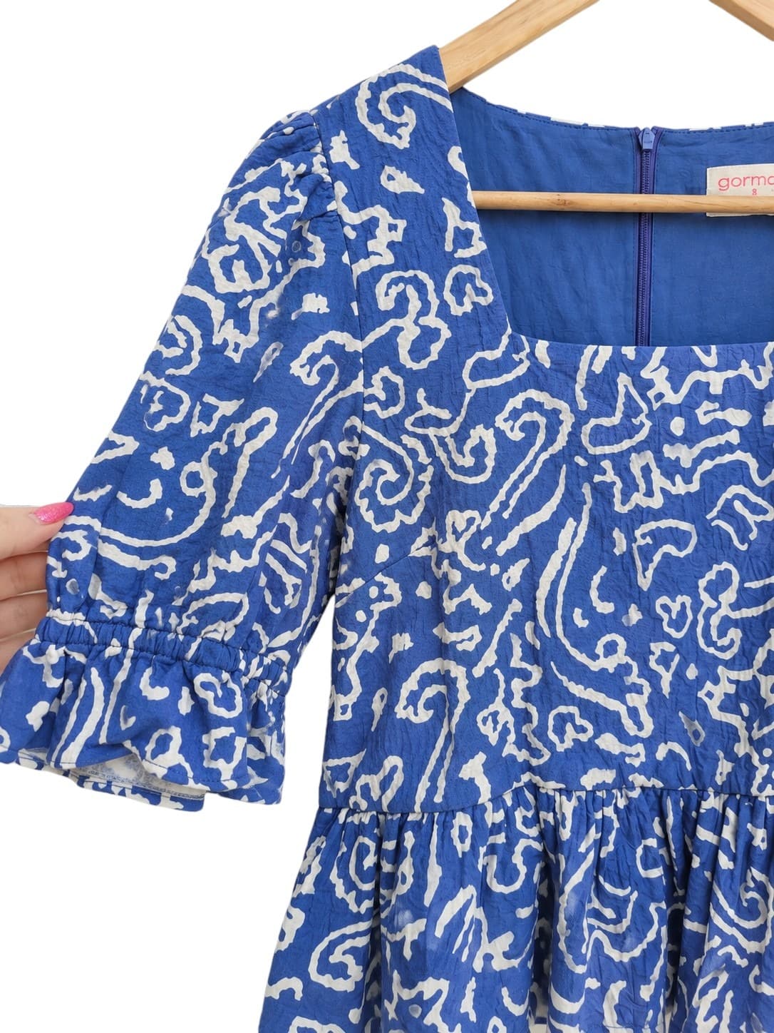 GORMAN Blue White Abstract Print Square Neck Peplum Top Size 8 — photo 2 of 6