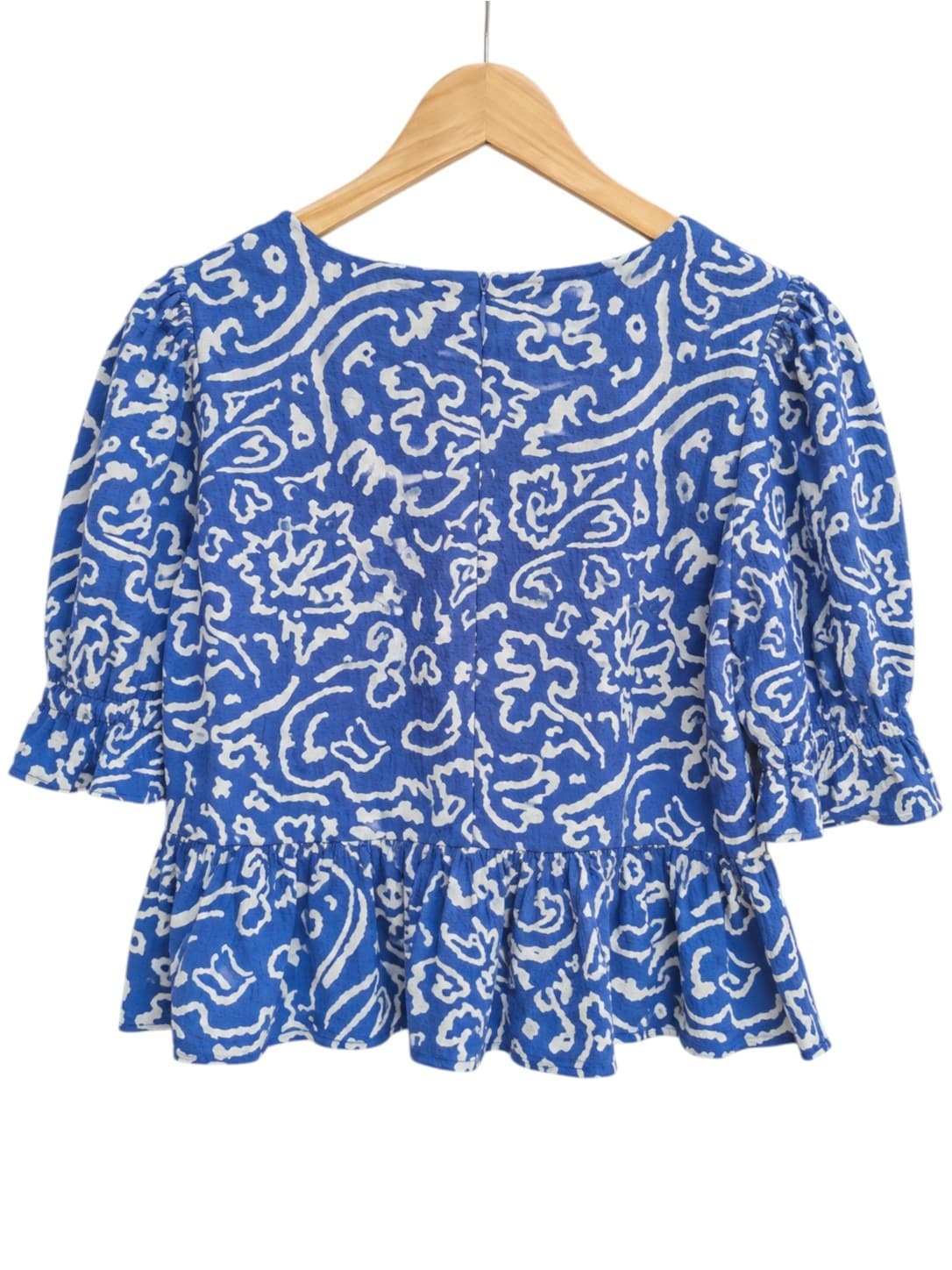 GORMAN Blue White Abstract Print Square Neck Peplum Top Size 8 — photo 3 of 6