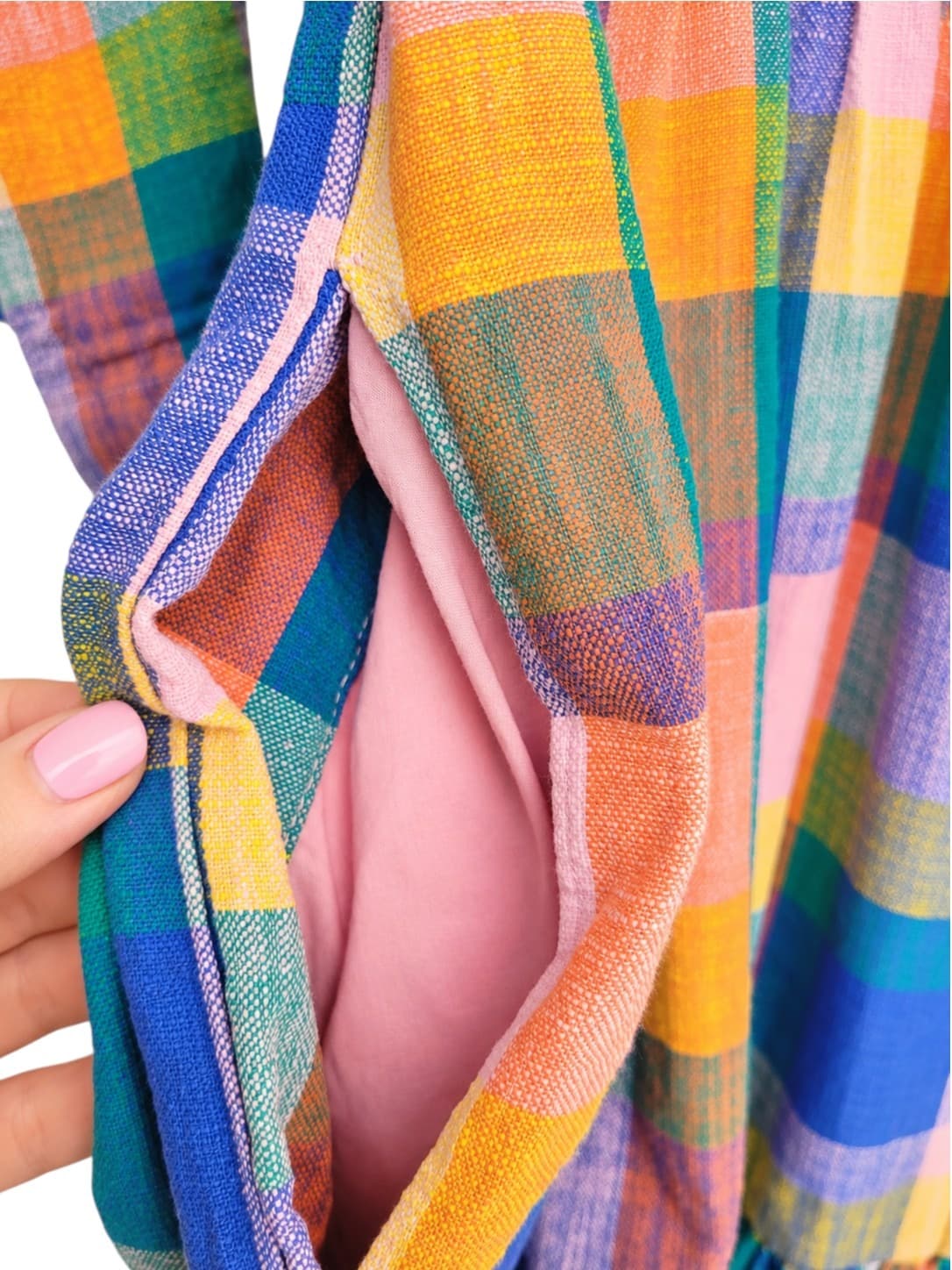 GORMAN Rainbow Plaid Check Cotton Linen Tiered Midi Dress Size 8 — photo 4 of 8