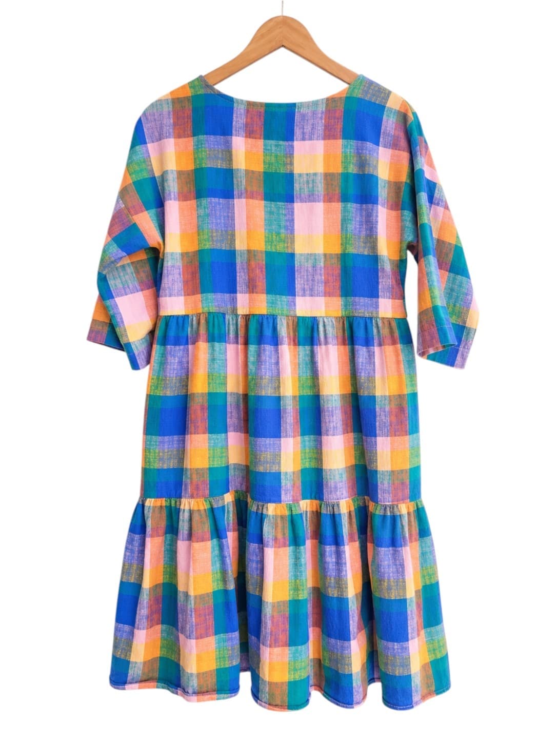 GORMAN Rainbow Plaid Check Cotton Linen Tiered Midi Dress Size 8 — photo 5 of 8