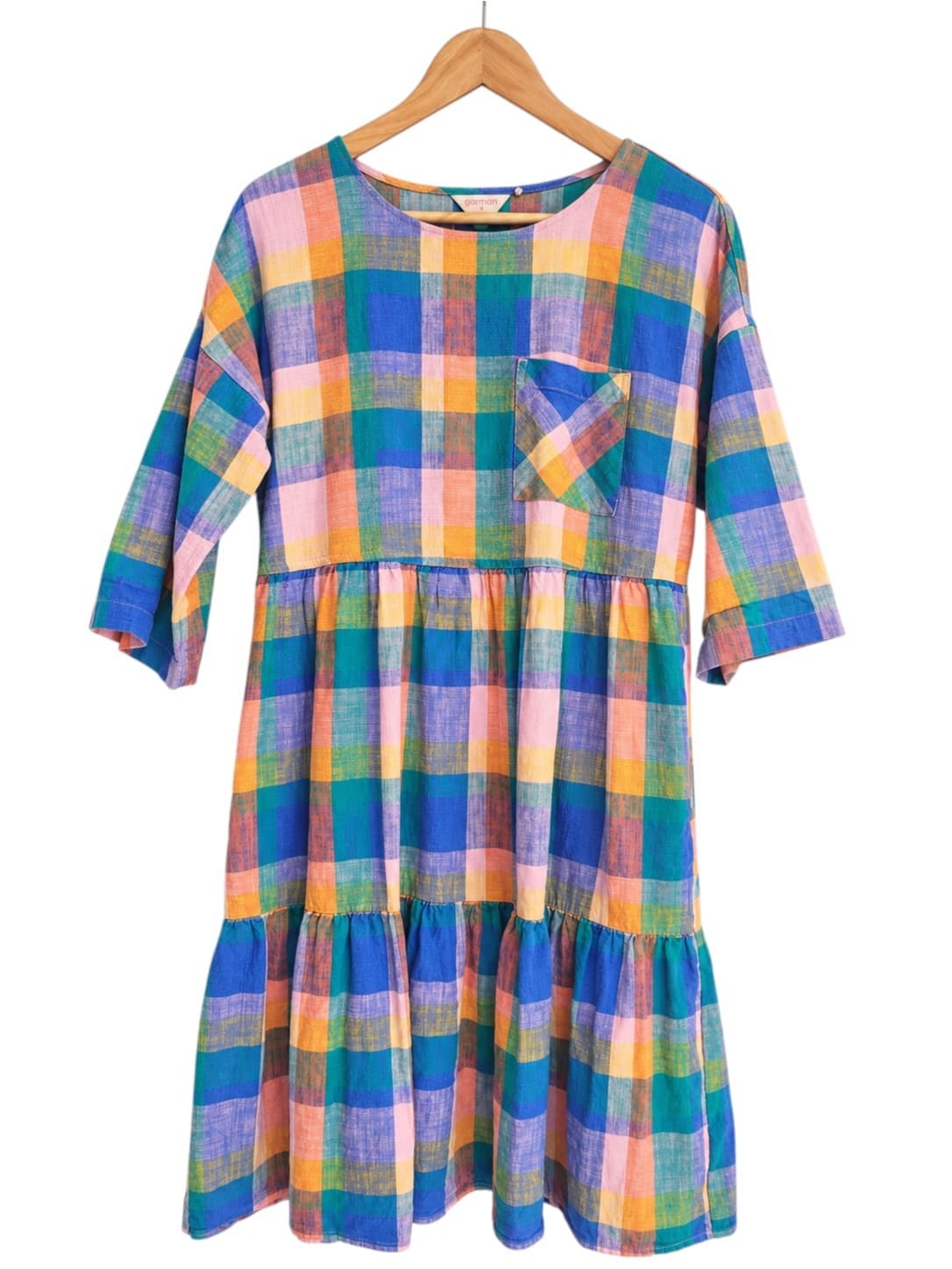 GORMAN Rainbow Plaid Check Cotton Linen Tiered Midi Dress Size 8 — photo 2 of 8