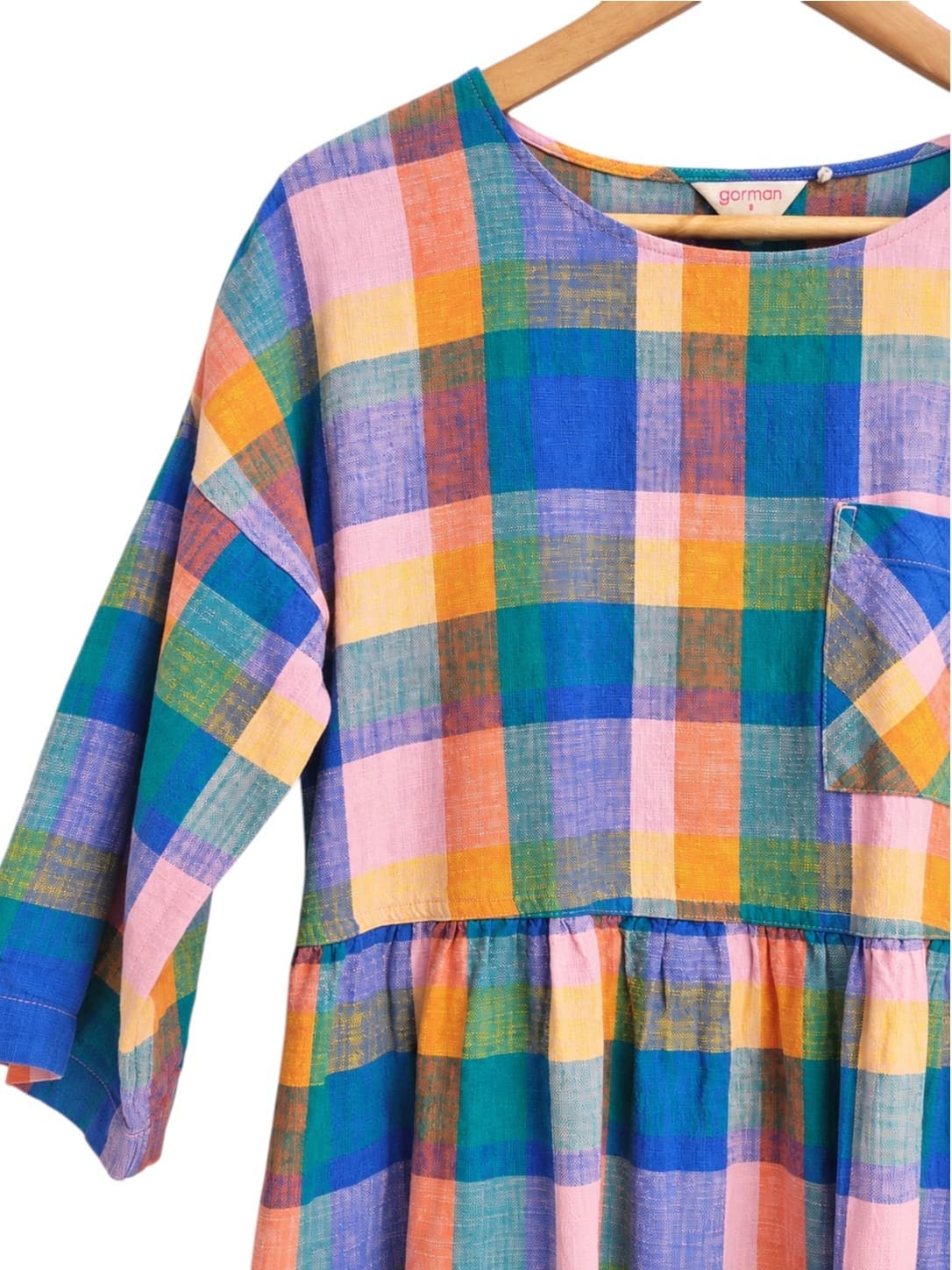 GORMAN Rainbow Plaid Check Cotton Linen Tiered Midi Dress Size 8 — photo 1 of 8