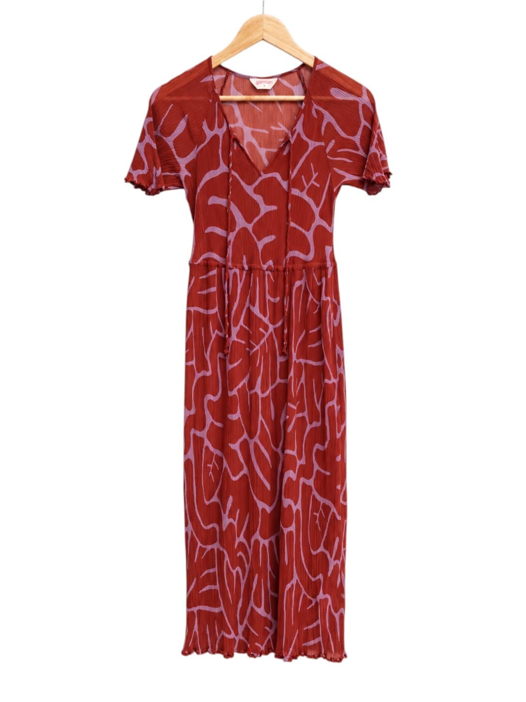 Gorman Womens Midi Dress Size 8 Red Pink Leaf Print Silk Cotton Crinkle Tie Neck — photo 2 of 6