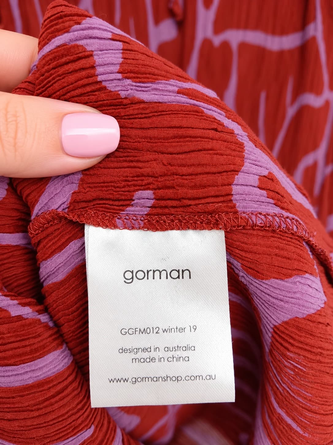 Gorman Womens Midi Dress Size 8 Red Pink Leaf Print Silk Cotton Crinkle Tie Neck — photo 5 of 6