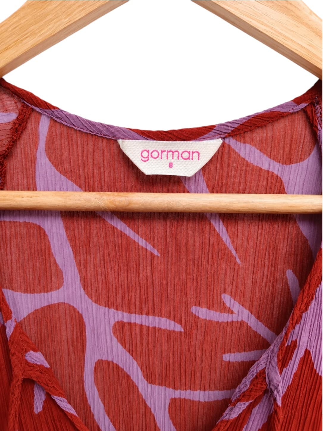 Gorman Womens Midi Dress Size 8 Red Pink Leaf Print Silk Cotton Crinkle Tie Neck — photo 4 of 6