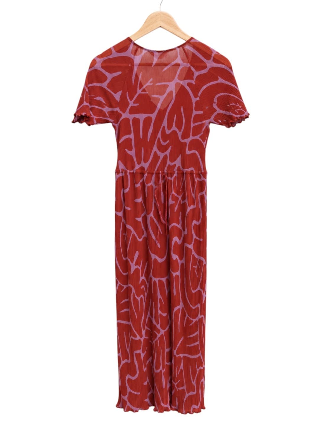 Gorman Womens Midi Dress Size 8 Red Pink Leaf Print Silk Cotton Crinkle Tie Neck — photo 3 of 6
