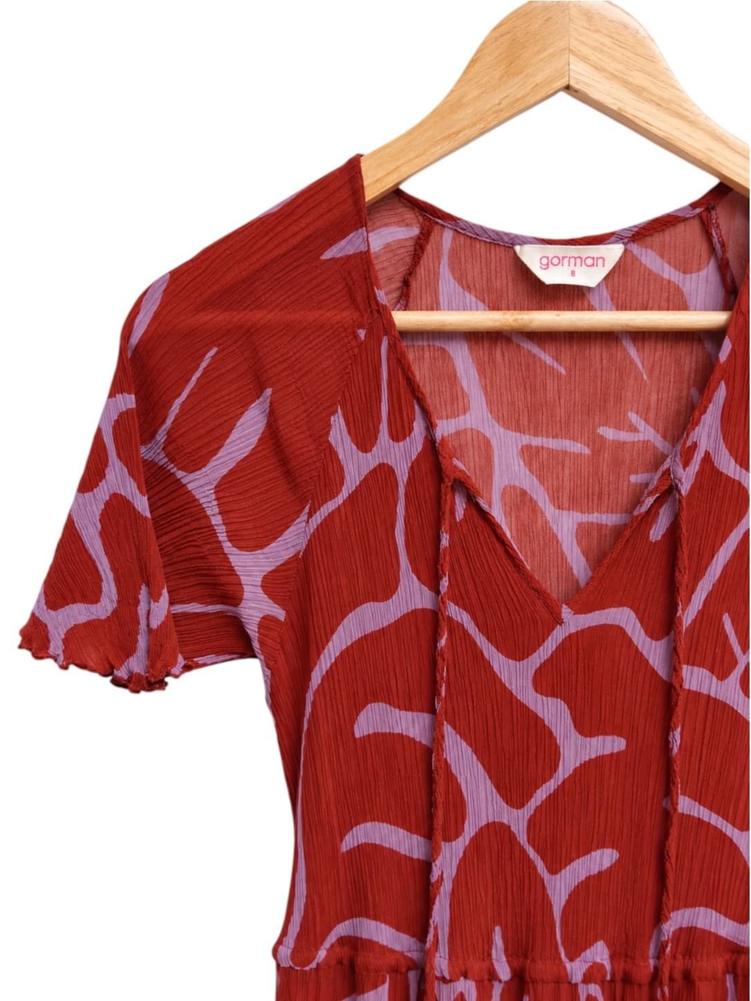 Gorman Womens Midi Dress Size 8 Red Pink Leaf Print Silk Cotton Crinkle Tie Neck — photo 1 of 6