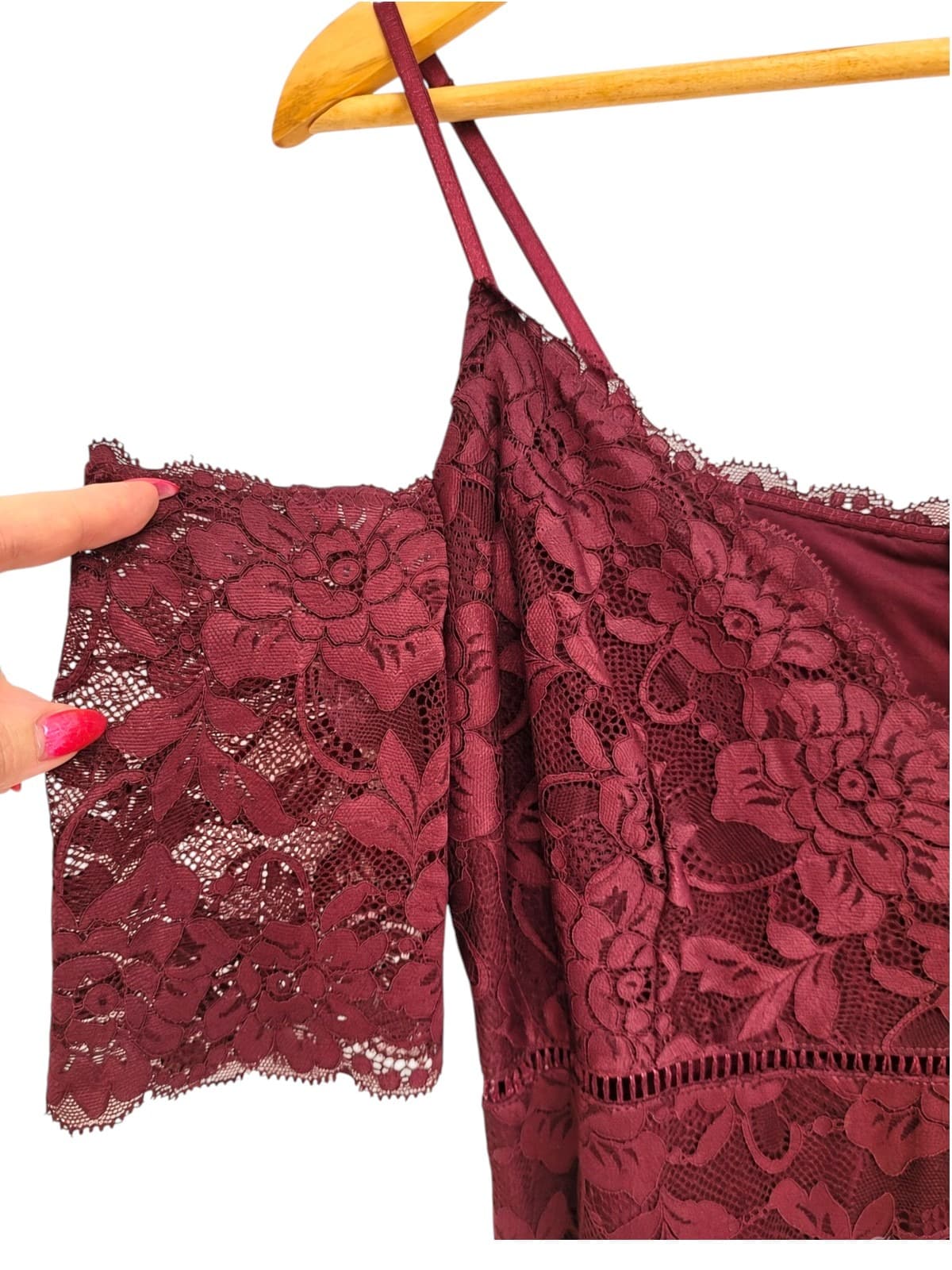 Guess Burgundy Lace Cold Shoulder Midi Dress — photo 2 of 7
