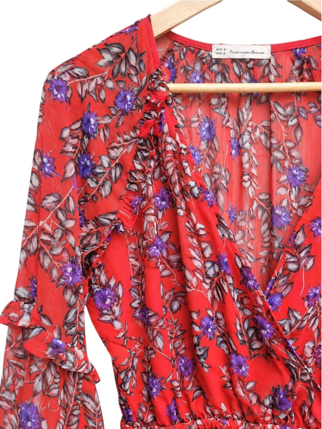 Here Comes The Sun Floral Mini Dress Red Ruffle Long Sleeve Womens 8 — photo 1 of 7