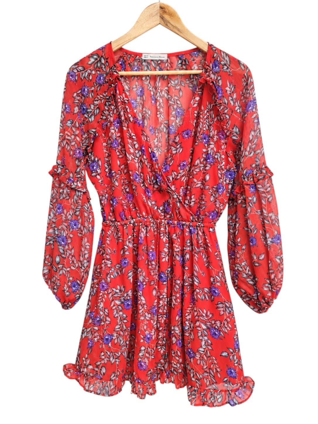 Here Comes The Sun Floral Mini Dress Red Ruffle Long Sleeve Womens 8 — photo 2 of 7