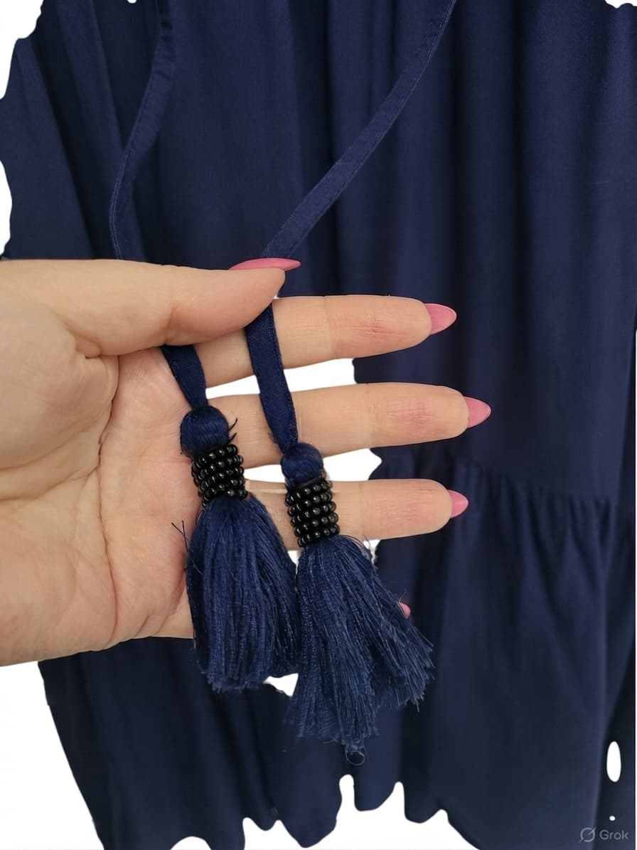 HOLMES & FALLON Navy Boho Sequin Tassel Tiered Smock Dress Size M — photo 6 of 9