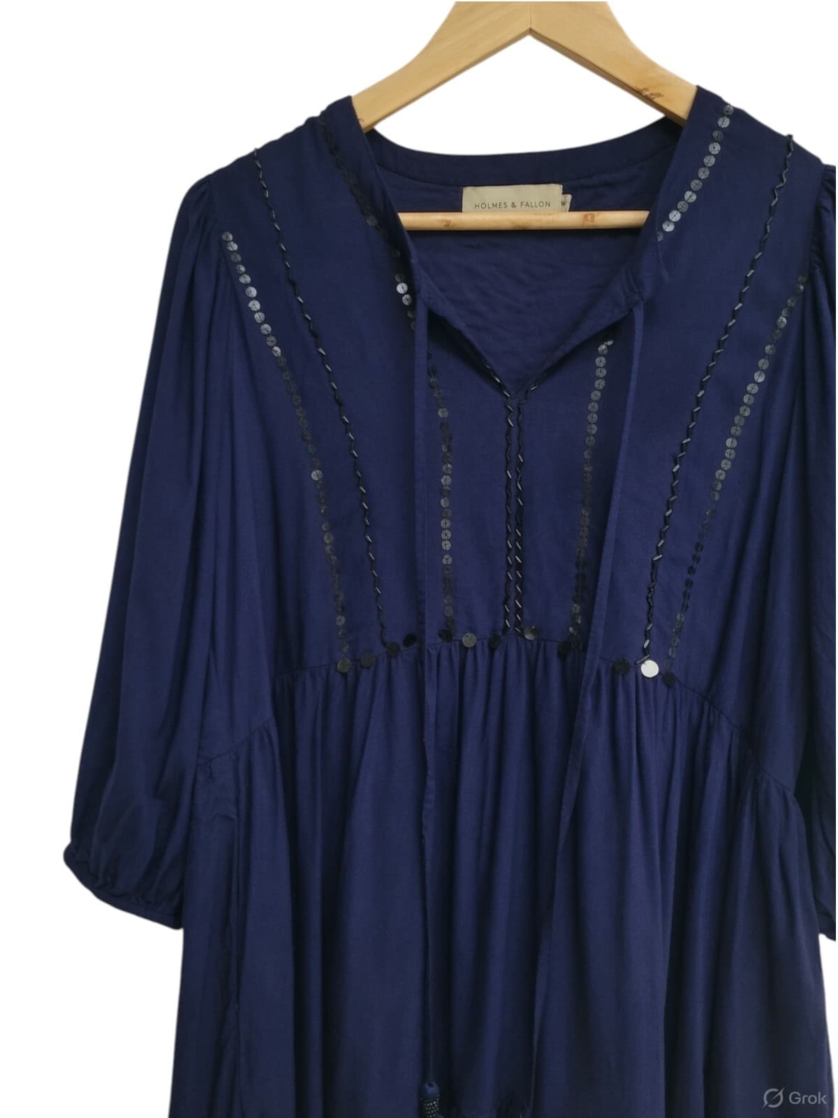 HOLMES & FALLON Navy Boho Sequin Tassel Tiered Smock Dress Size M — photo 1 of 9