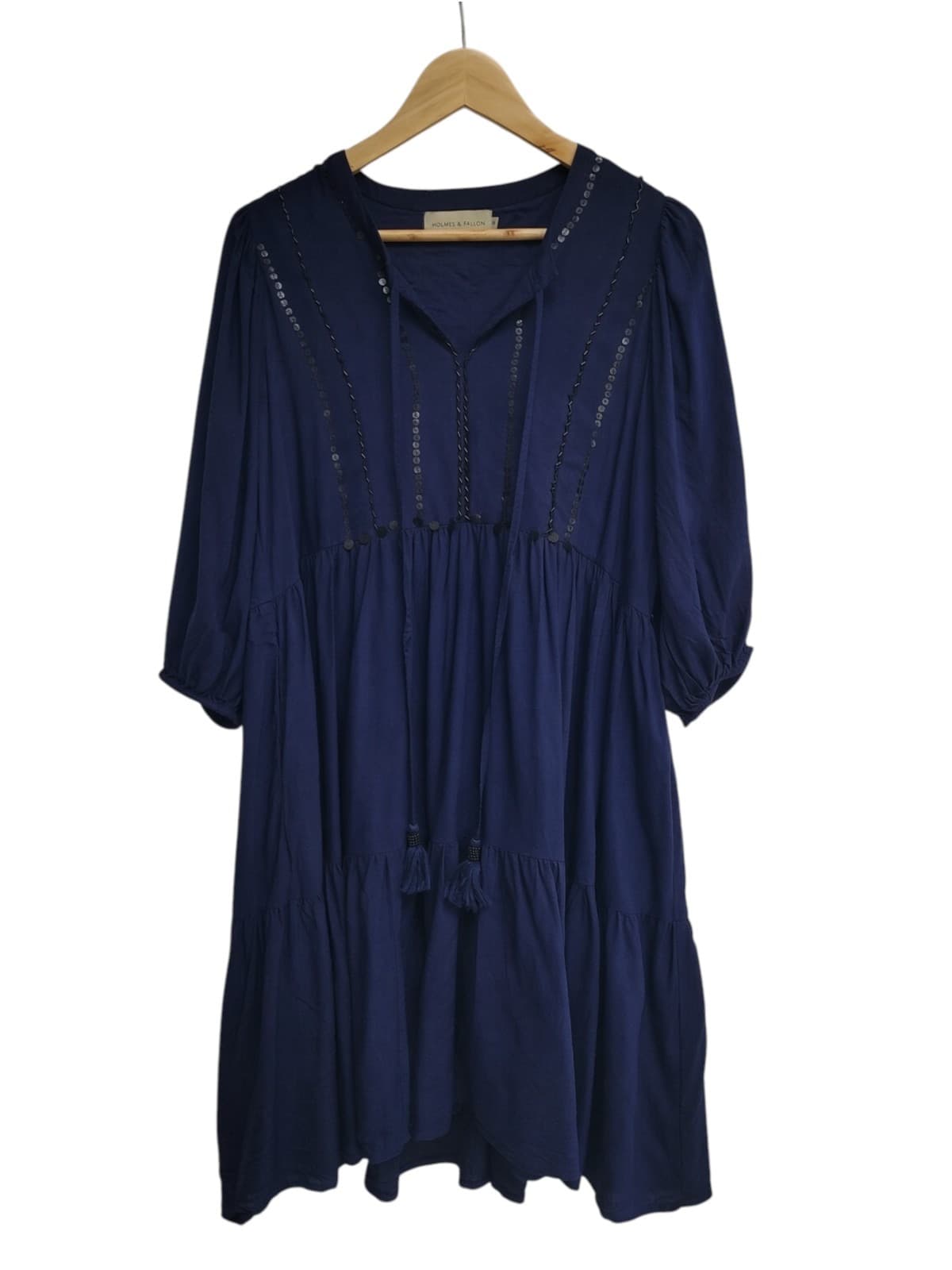 HOLMES & FALLON Navy Boho Sequin Tassel Tiered Smock Dress Size M — photo 2 of 9