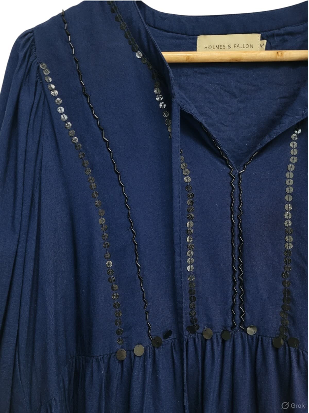 HOLMES & FALLON Navy Boho Sequin Tassel Tiered Smock Dress Size M — photo 4 of 9