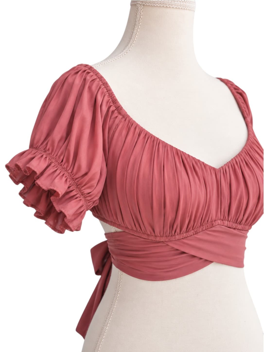 INDIKAH Dusty Rose Pink Puff Sleeve Tie Back Crop Top Size 12 — photo 2 of 8