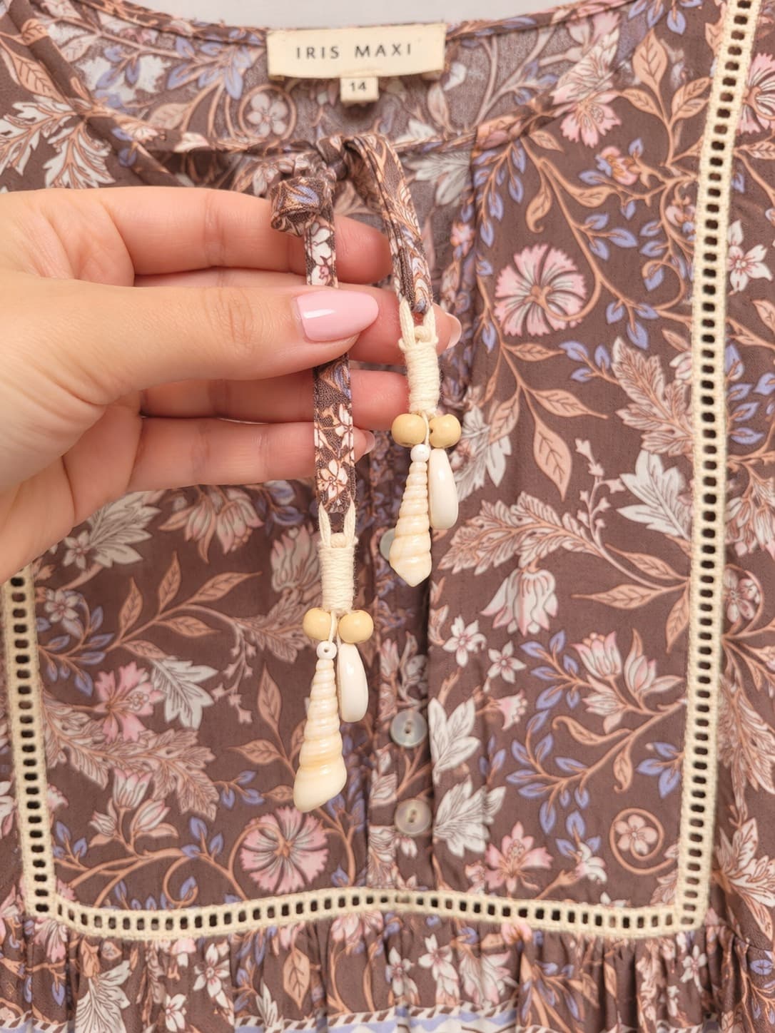 IRIS MAXI Brown Floral Boho Blouse Shell Tassel Tie Neck Size 14 — photo 3 of 8