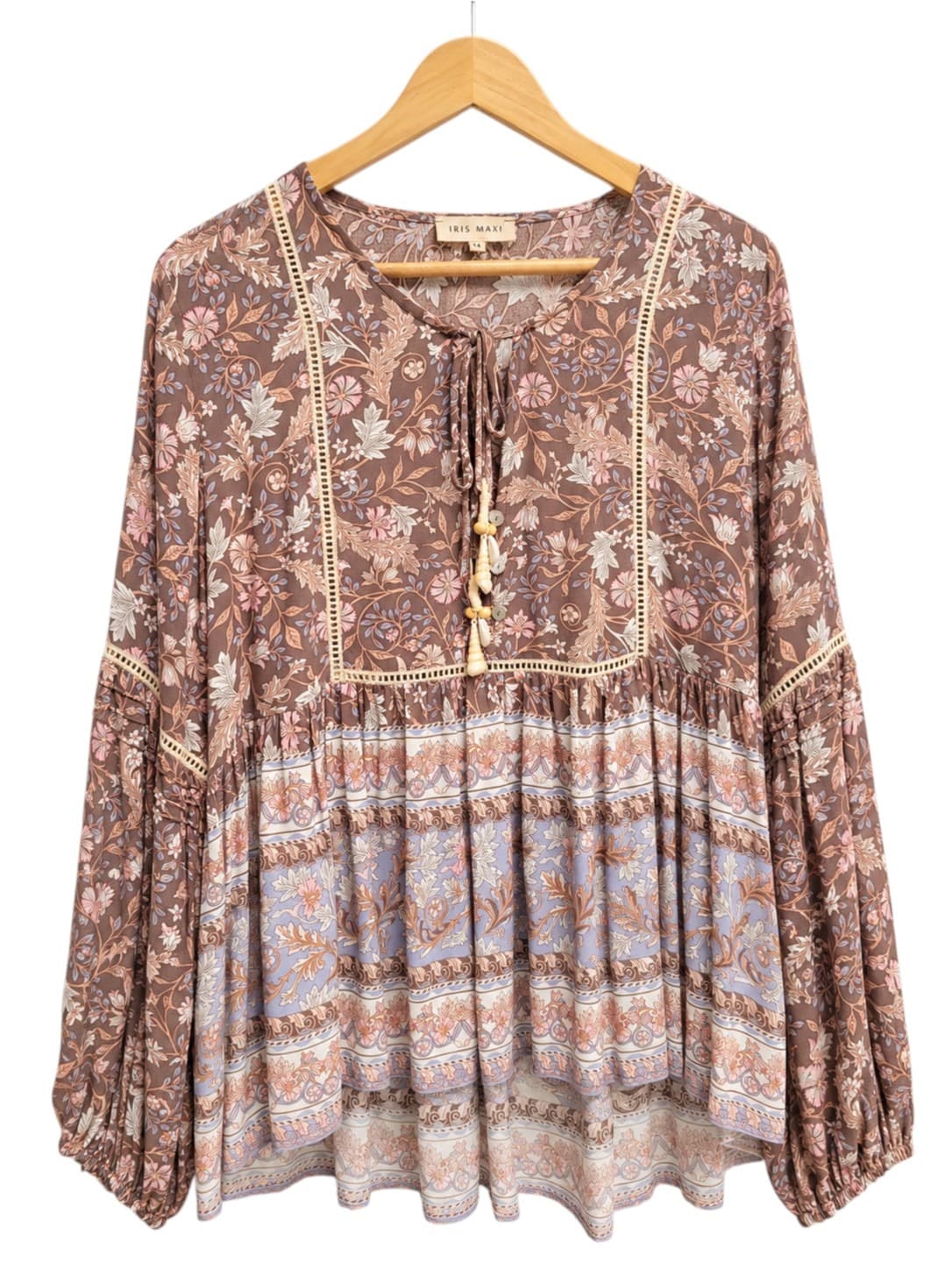 IRIS MAXI Brown Floral Boho Blouse Shell Tassel Tie Neck Size 14 — photo 2 of 8