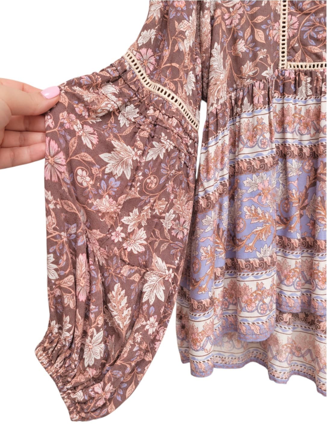 IRIS MAXI Brown Floral Boho Blouse Shell Tassel Tie Neck Size 14 — photo 4 of 8