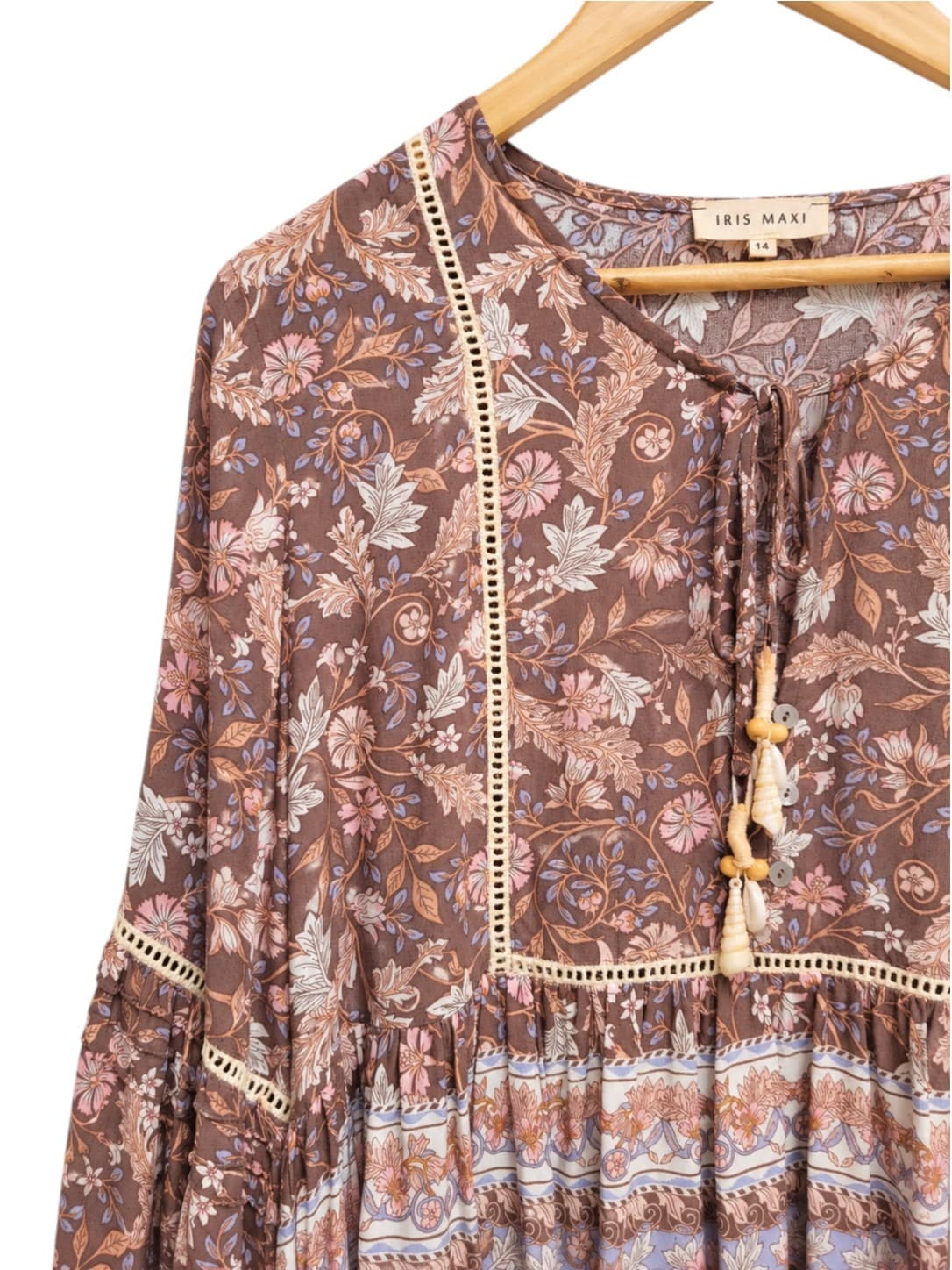 IRIS MAXI Brown Floral Boho Blouse Shell Tassel Tie Neck Size 14 — photo 1 of 8