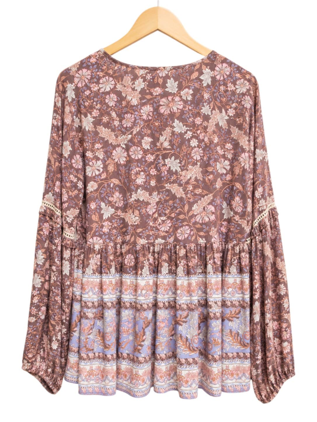 IRIS MAXI Brown Floral Boho Blouse Shell Tassel Tie Neck Size 14 — photo 5 of 8