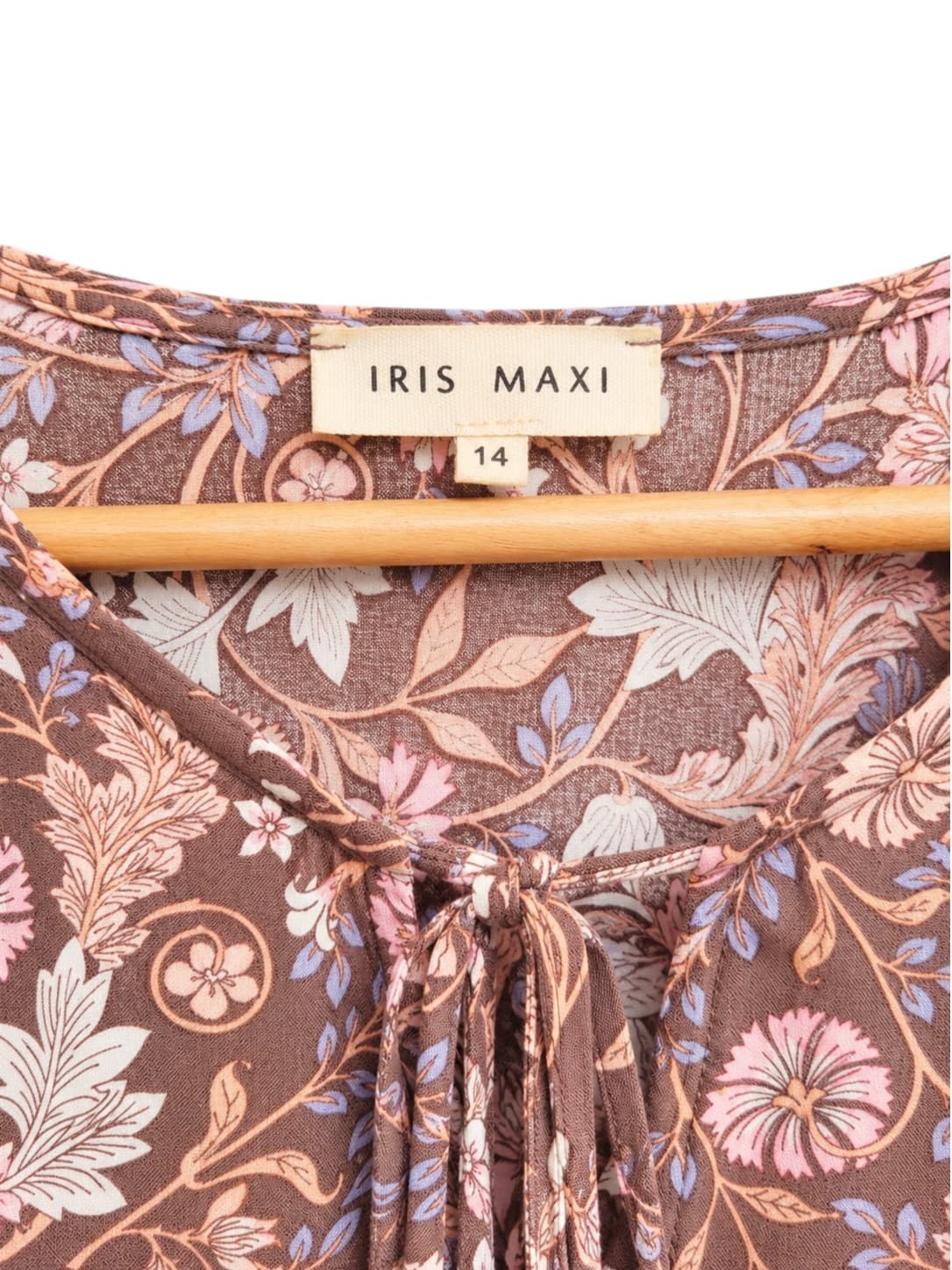 IRIS MAXI Brown Floral Boho Blouse Shell Tassel Tie Neck Size 14 — photo 6 of 8