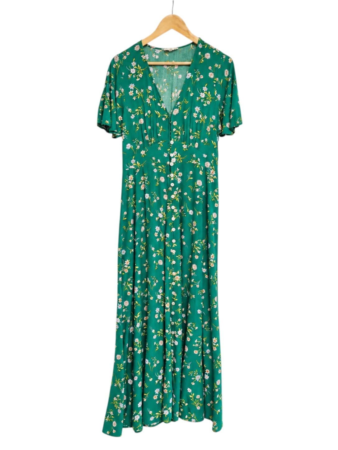 IRIS MAXI Green Floral Button Front Flutter Sleeve Maxi Dress Size 8 — photo 2 of 8