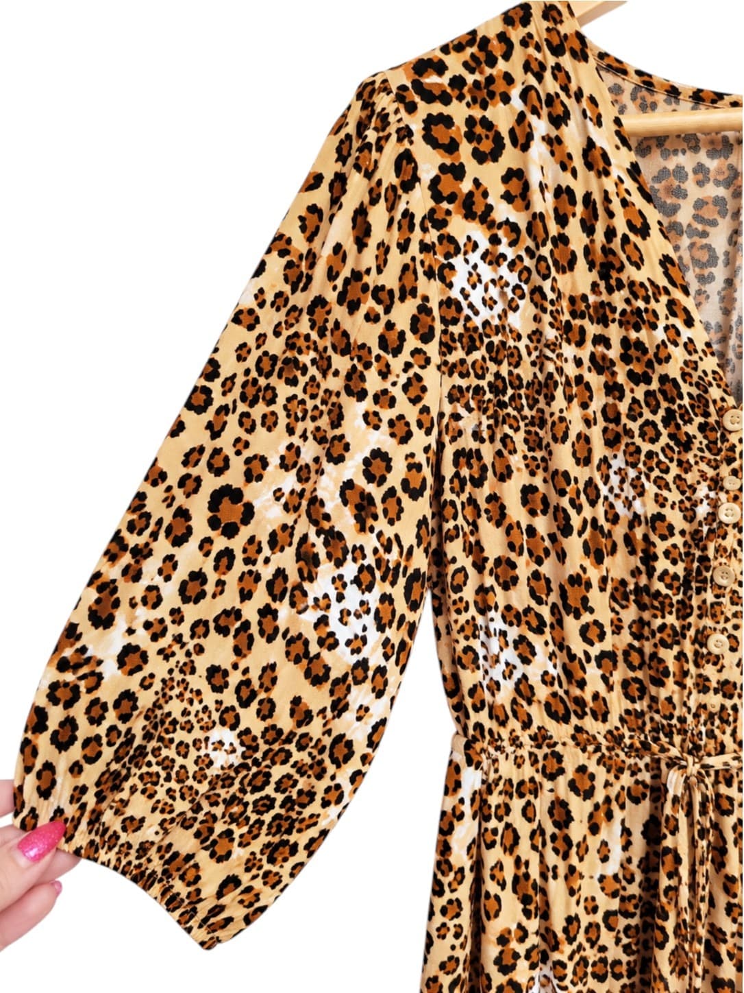 IVORY Leopard Print Tiered Maxi Dress V Neck Tie Waist Size 8 — photo 3 of 8