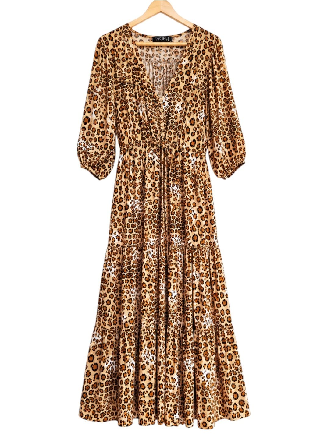 IVORY Leopard Print Tiered Maxi Dress V Neck Tie Waist Size 8 — photo 2 of 8