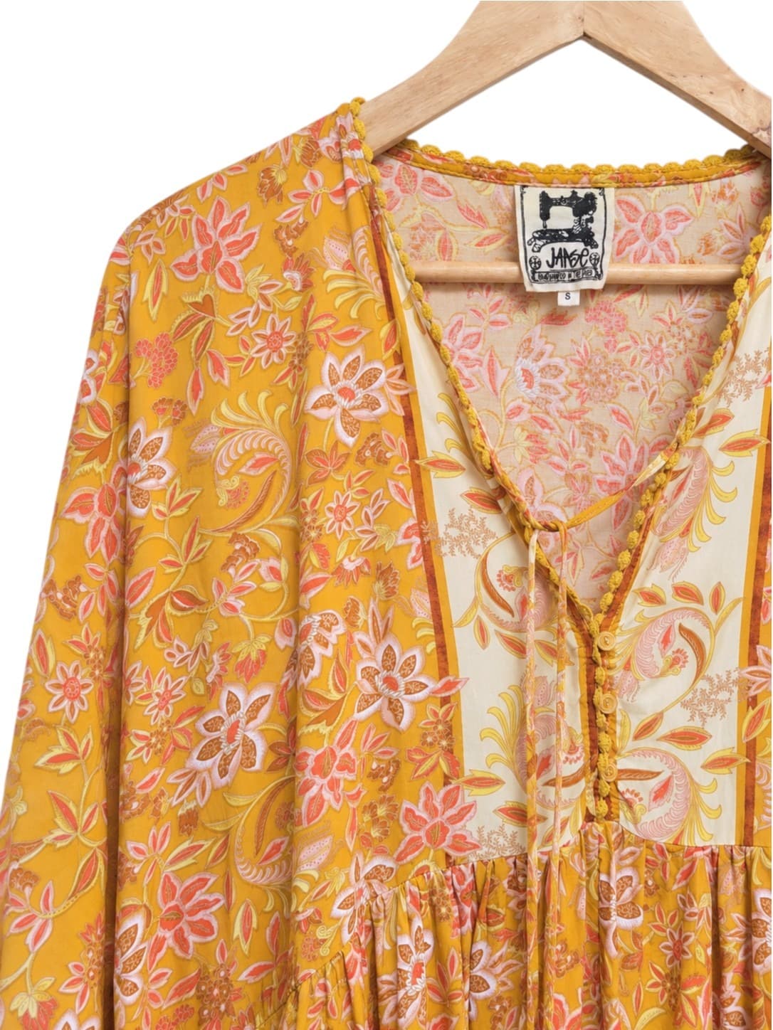 JAASE Mustard Floral Boho Tiered Mini Dress Balloon Sleeve Size S — photo 2 of 7