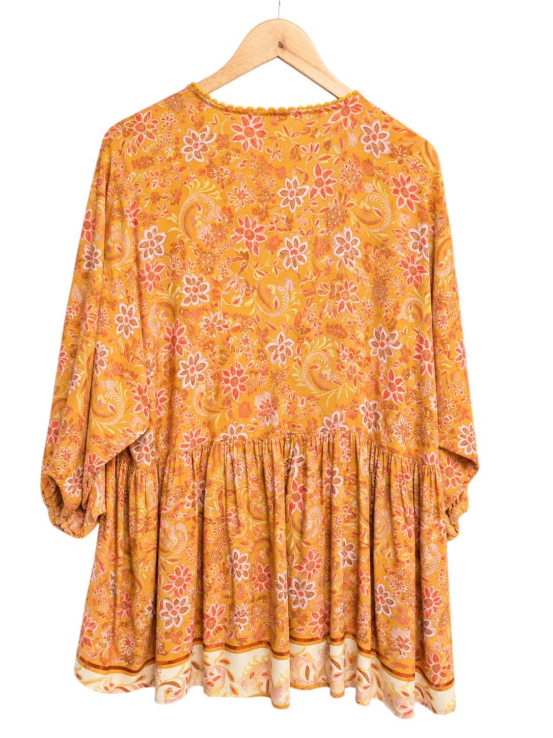 JAASE Mustard Floral Boho Tiered Mini Dress Balloon Sleeve Size S — photo 4 of 7