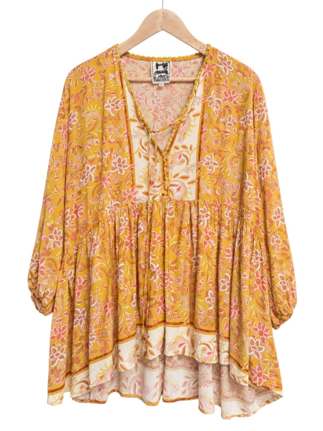 JAASE Mustard Floral Boho Tiered Mini Dress Balloon Sleeve Size S — photo 1 of 7