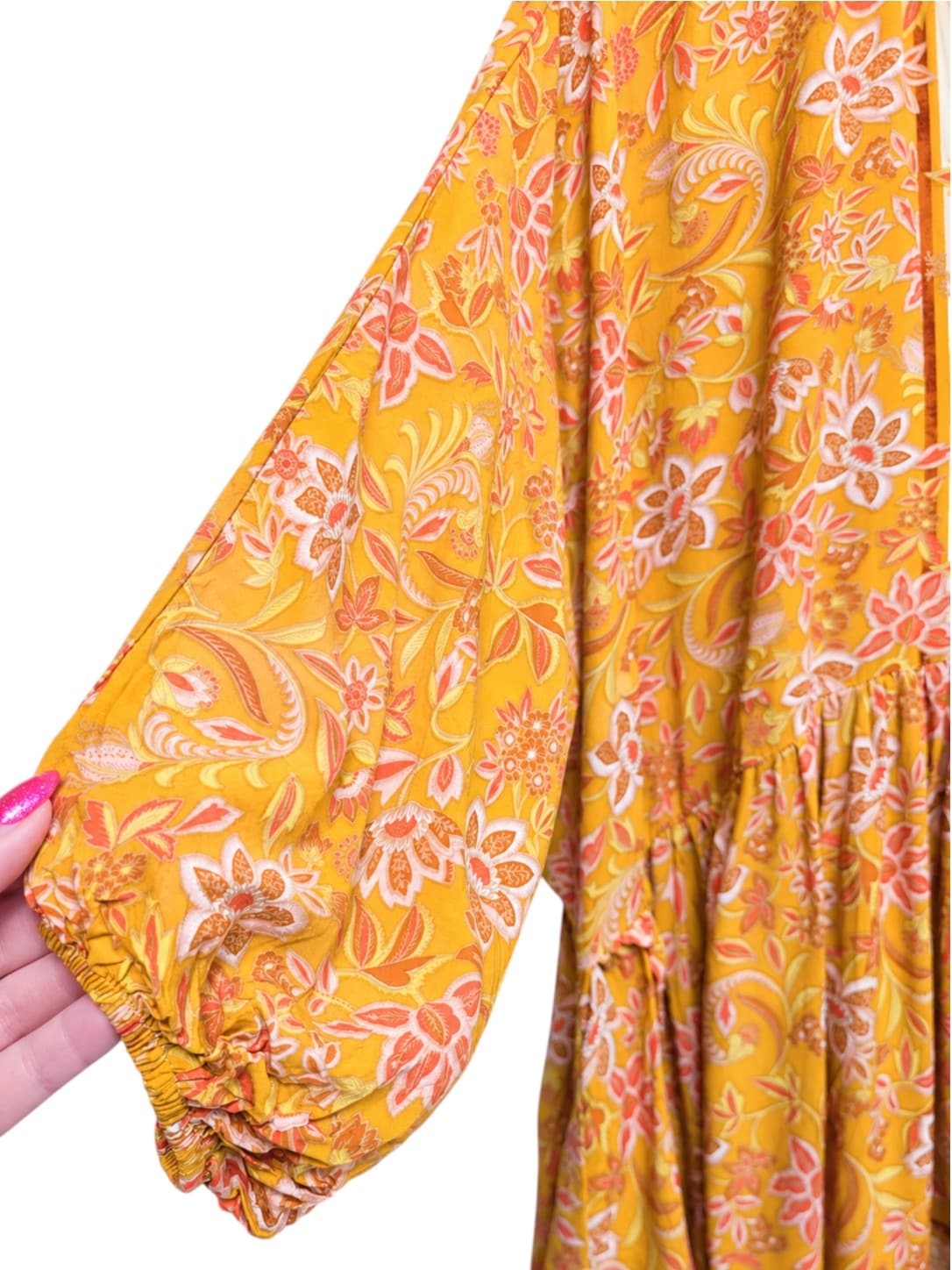 JAASE Mustard Floral Boho Tiered Mini Dress Balloon Sleeve Size S — photo 3 of 7
