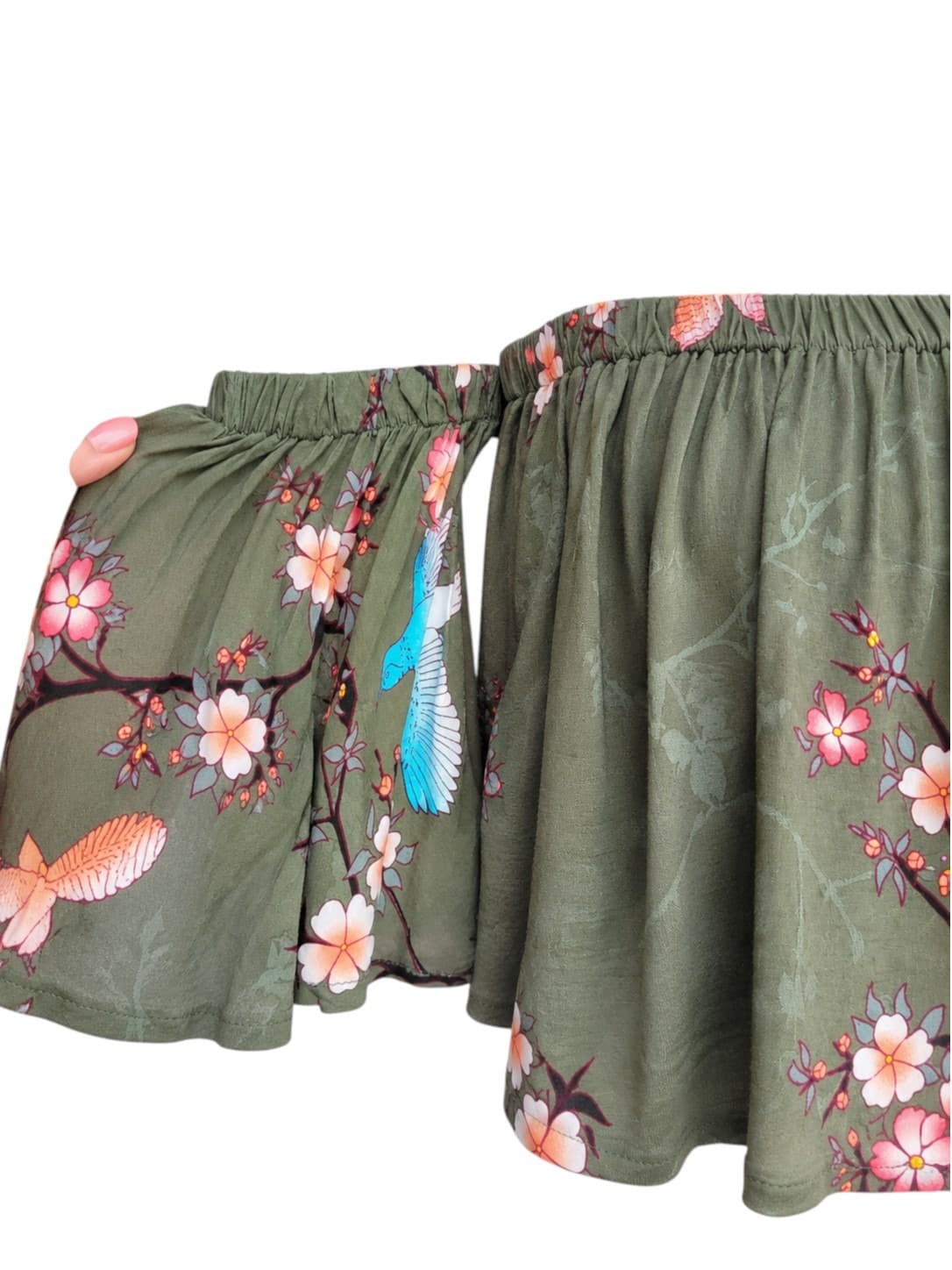 JAASE Olive Green Floral Bird Print Off Shoulder Crop Top Size XS — photo 2 of 8