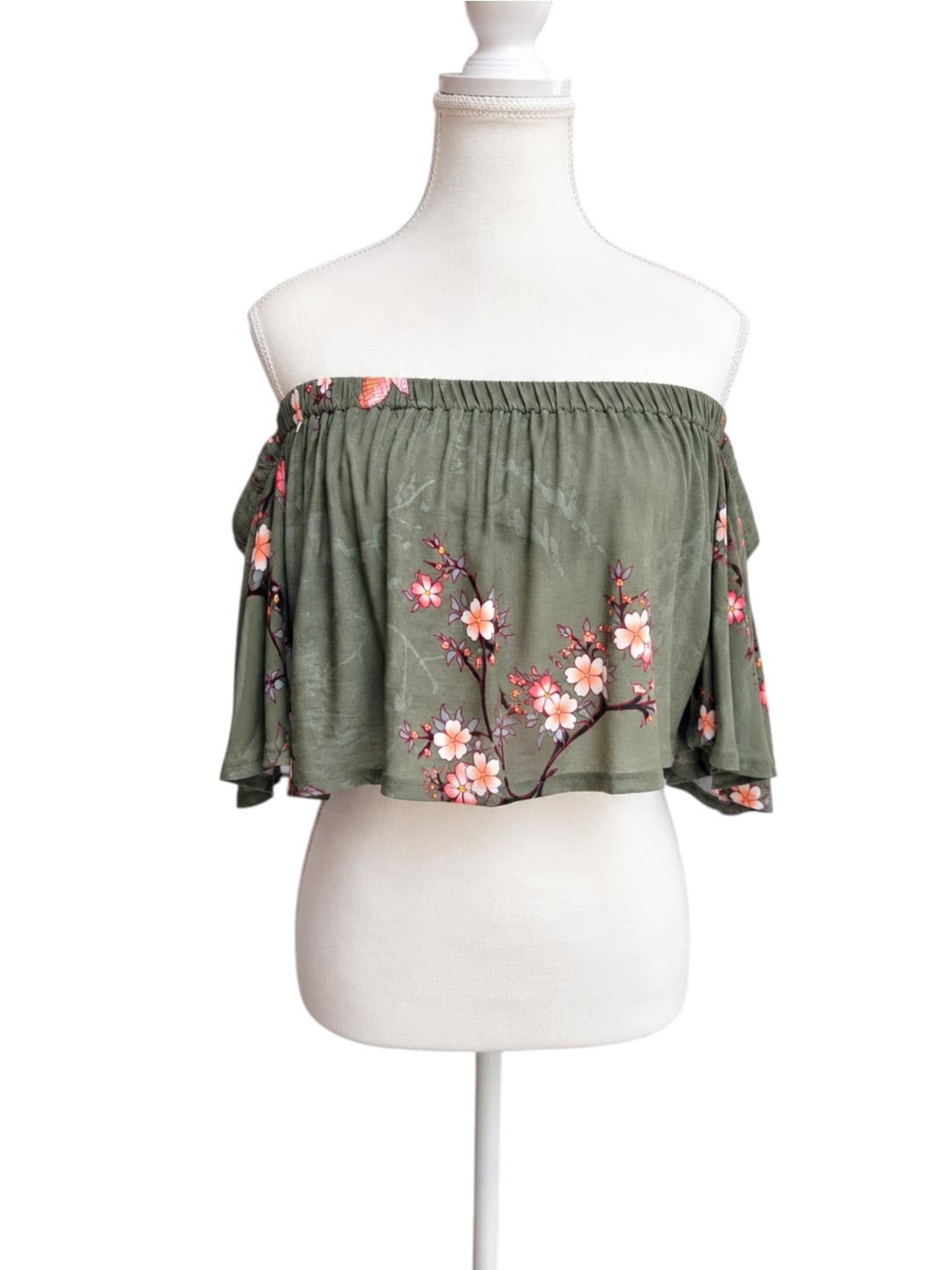 JAASE Olive Green Floral Bird Print Off Shoulder Crop Top Size XS — photo 5 of 8