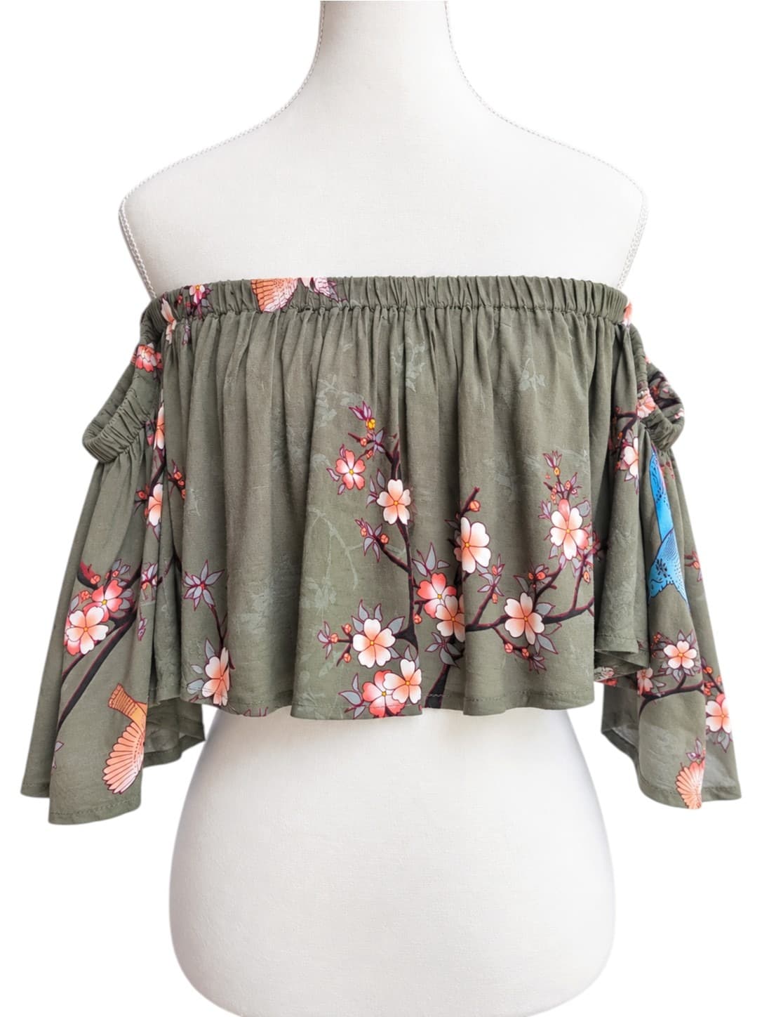 JAASE Olive Green Floral Bird Print Off Shoulder Crop Top Size XS — photo 1 of 8