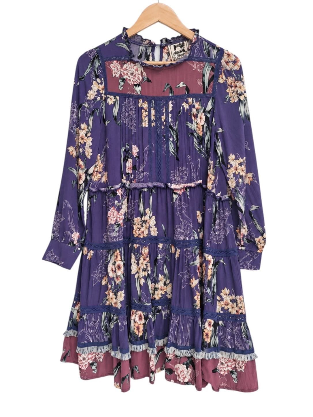 JAASE Purple Floral Tiered Lace Trim Boho Mini Dress Size S — photo 1 of 7