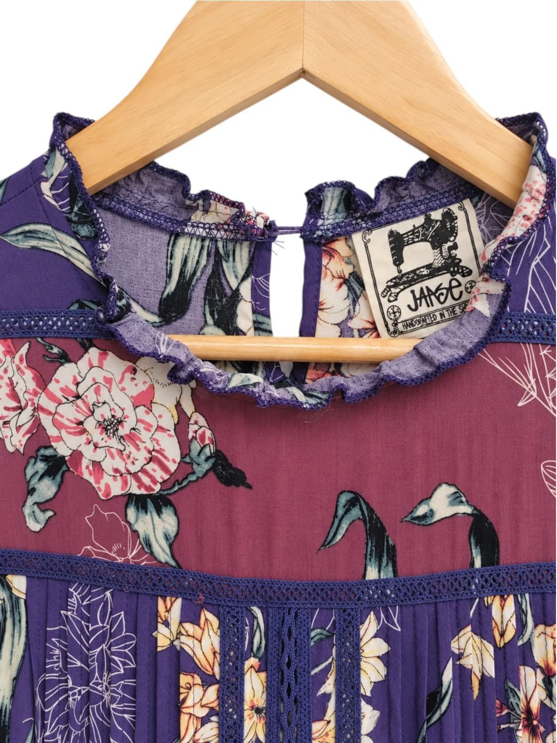 JAASE Purple Floral Tiered Lace Trim Boho Mini Dress Size S — photo 3 of 7