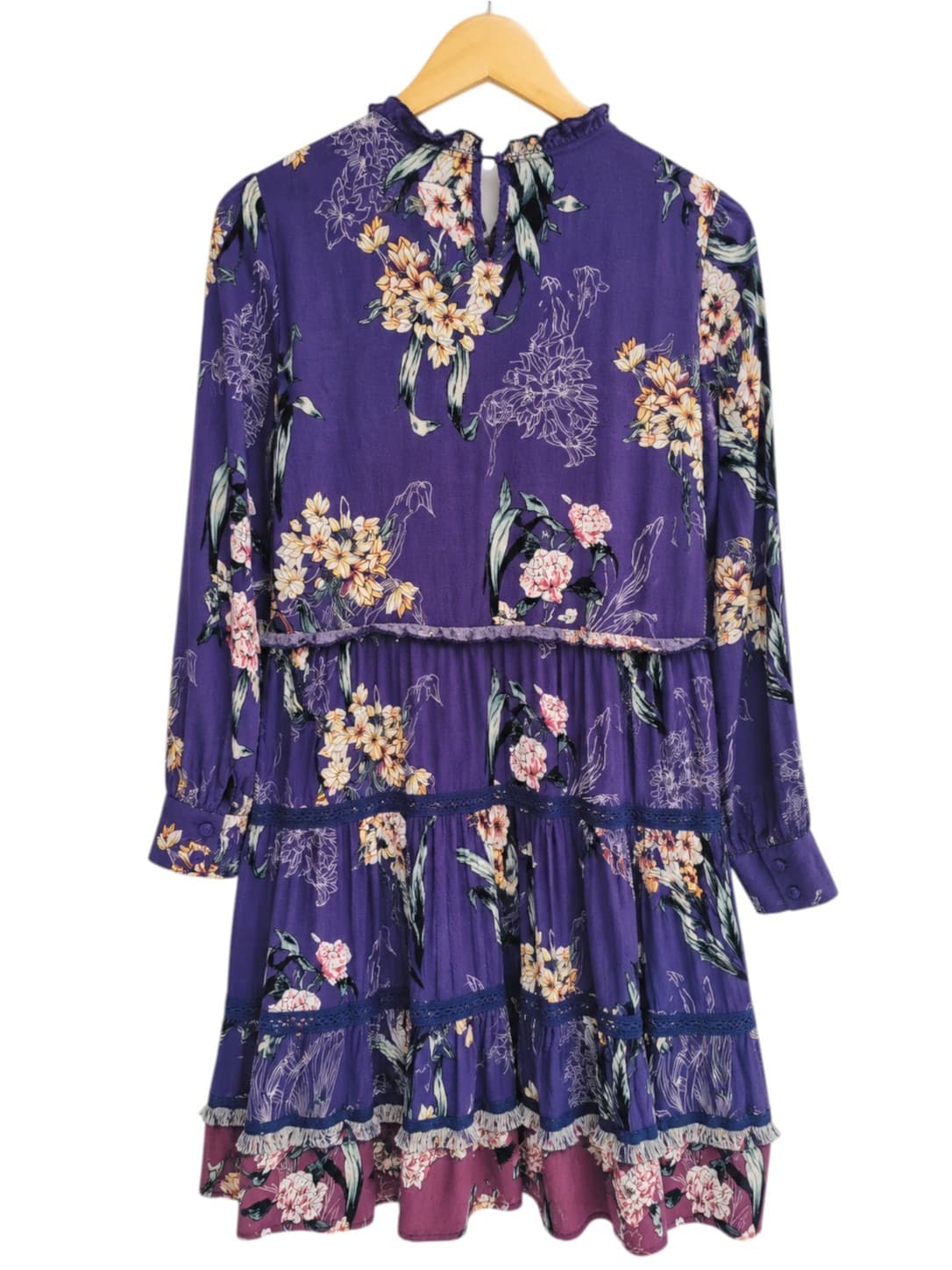 JAASE Purple Floral Tiered Lace Trim Boho Mini Dress Size S — photo 5 of 7