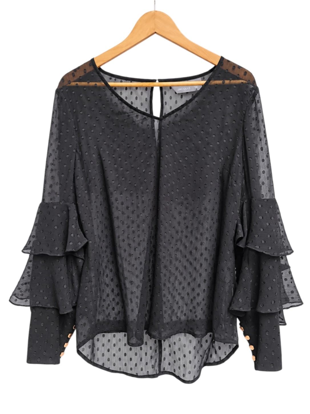Jacqui E Womens Blouse Size 14 Black Swiss Dot Sheer Ruffle Sleeve Top — photo 1 of 8