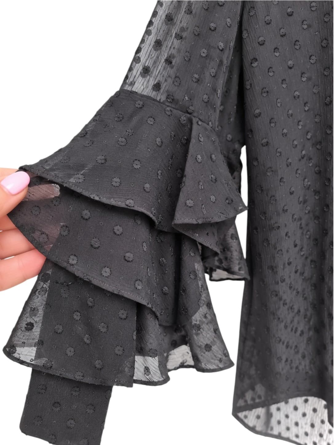 Jacqui E Womens Blouse Size 14 Black Swiss Dot Sheer Ruffle Sleeve Top — photo 3 of 8